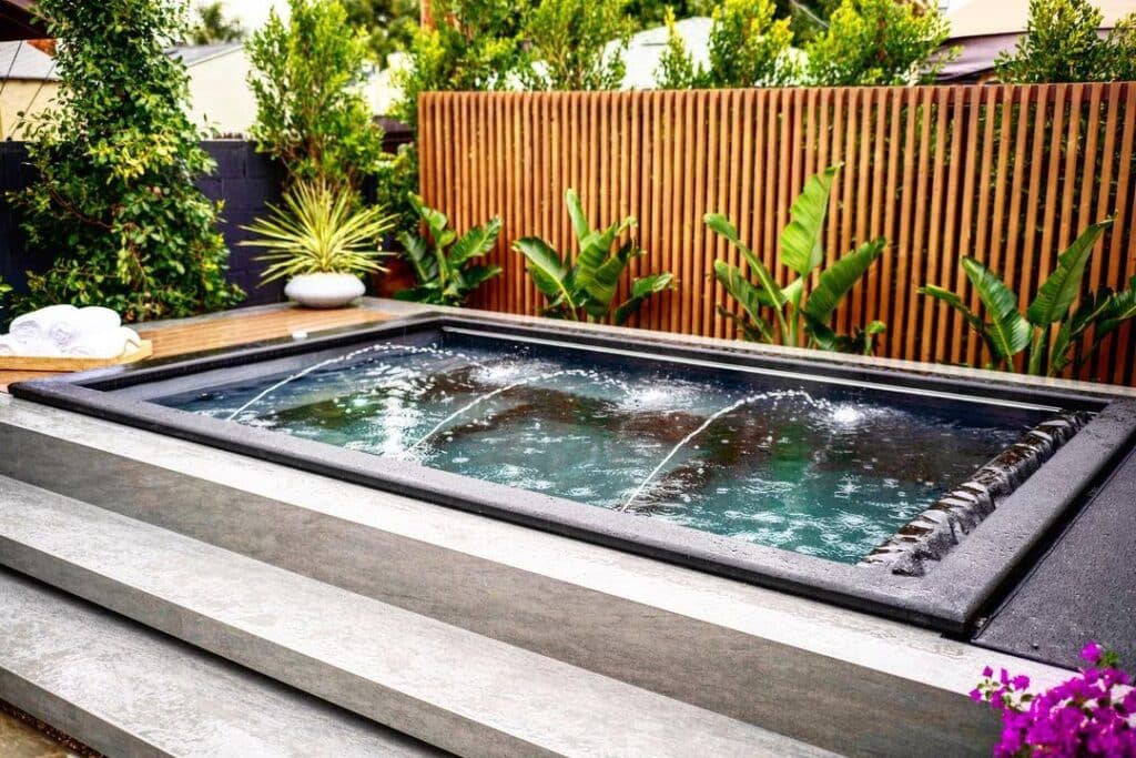Plunge pool with arching water jet installed partially inground showcasing how small pools can enhance a backyard