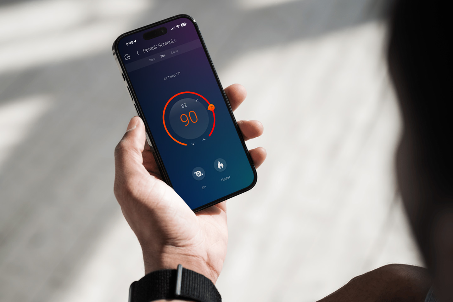 Pentair ScreenLogic app on phone showing pool temperature control